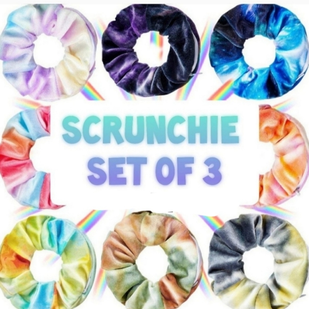 ZIPPER Scrunchie 3pks Tie Dye Velvet Hair Accessory New - Picture 5 of 13